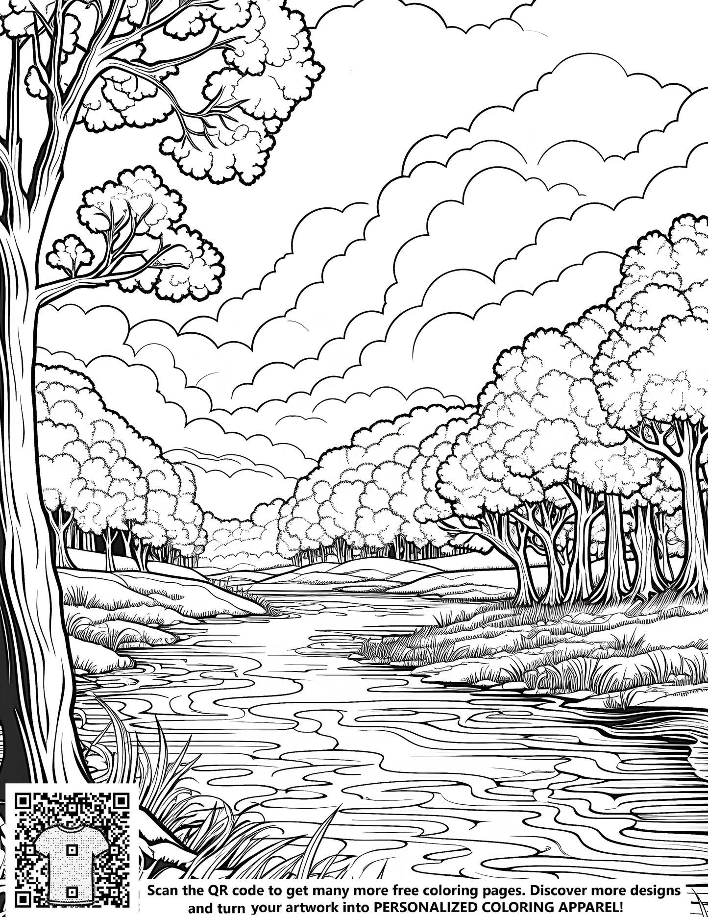 Serene forest scene coloring page, free art kit with 10 fabric markers, river landscape illustration