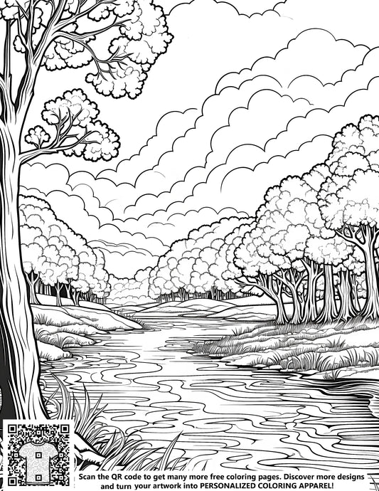 Serene forest scene coloring page, free art kit with 10 fabric markers, river landscape illustration