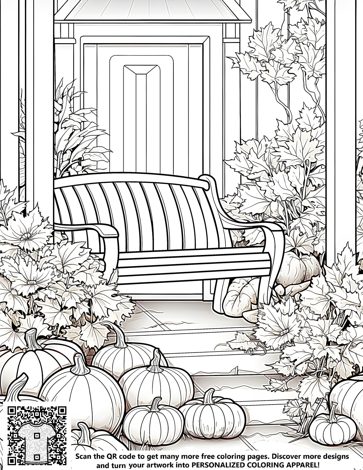 Autumn porch scene with bench, pumpkins, and fall foliage free coloring page illustration