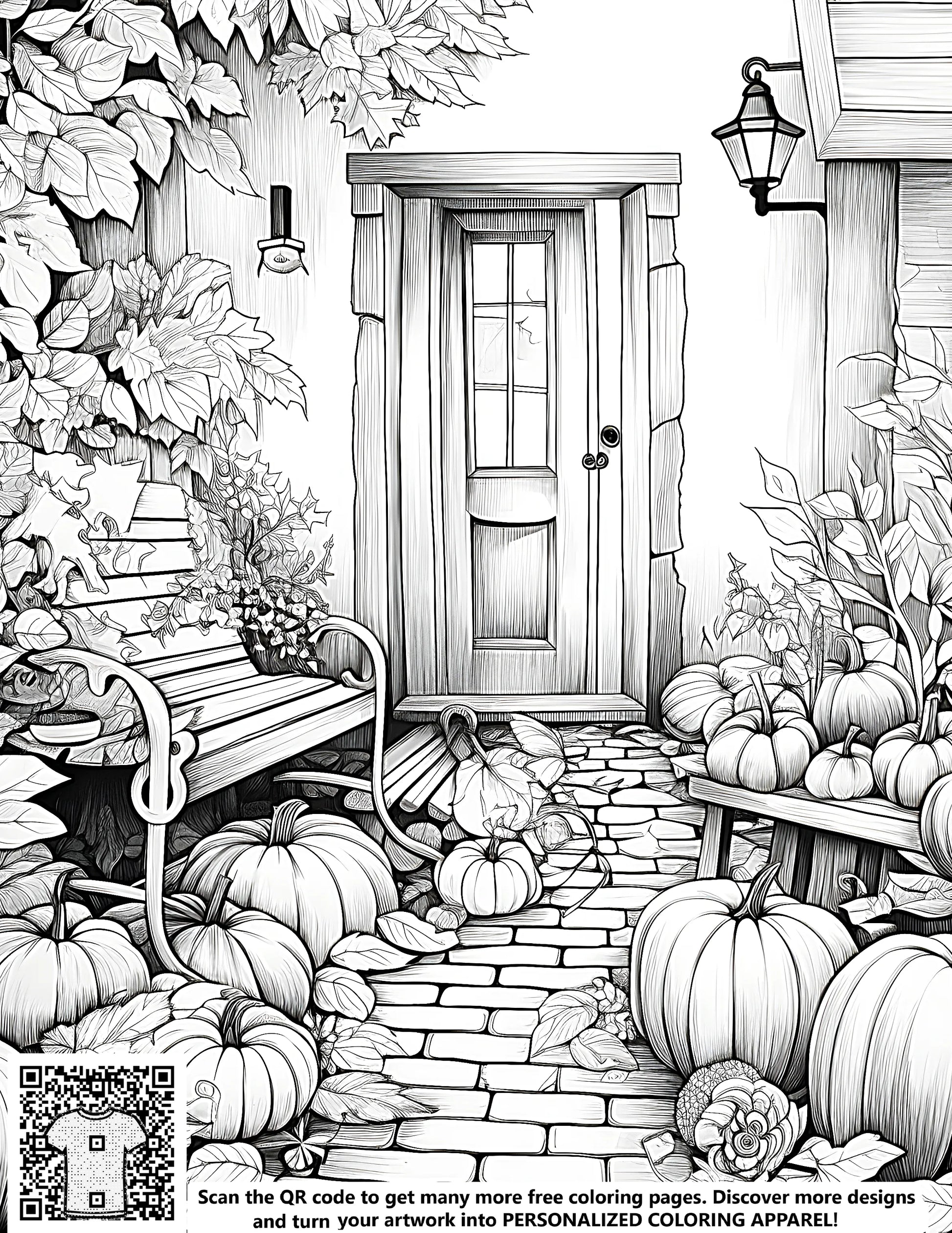 Autumn garden scene coloring page featuring pumpkins, leaves and a cozy wooden bench