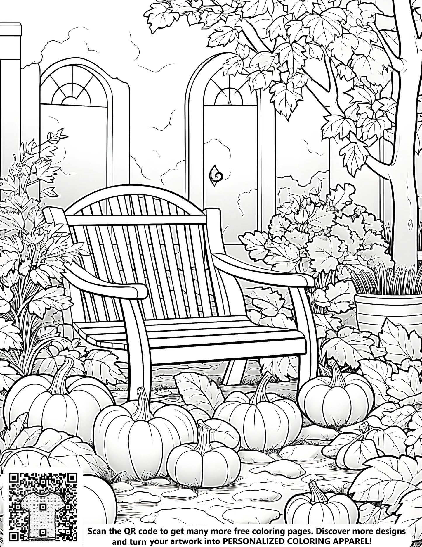 Free coloring page of a serene garden scene with pumpkins, wooden bench, and greenery