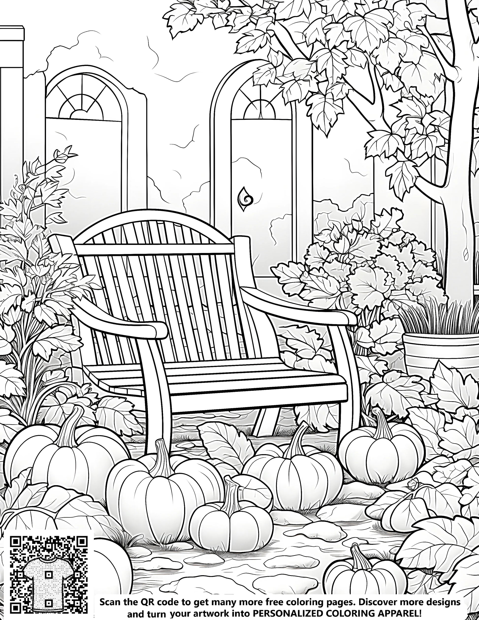 Free coloring page of a serene garden scene with pumpkins, wooden bench, and greenery