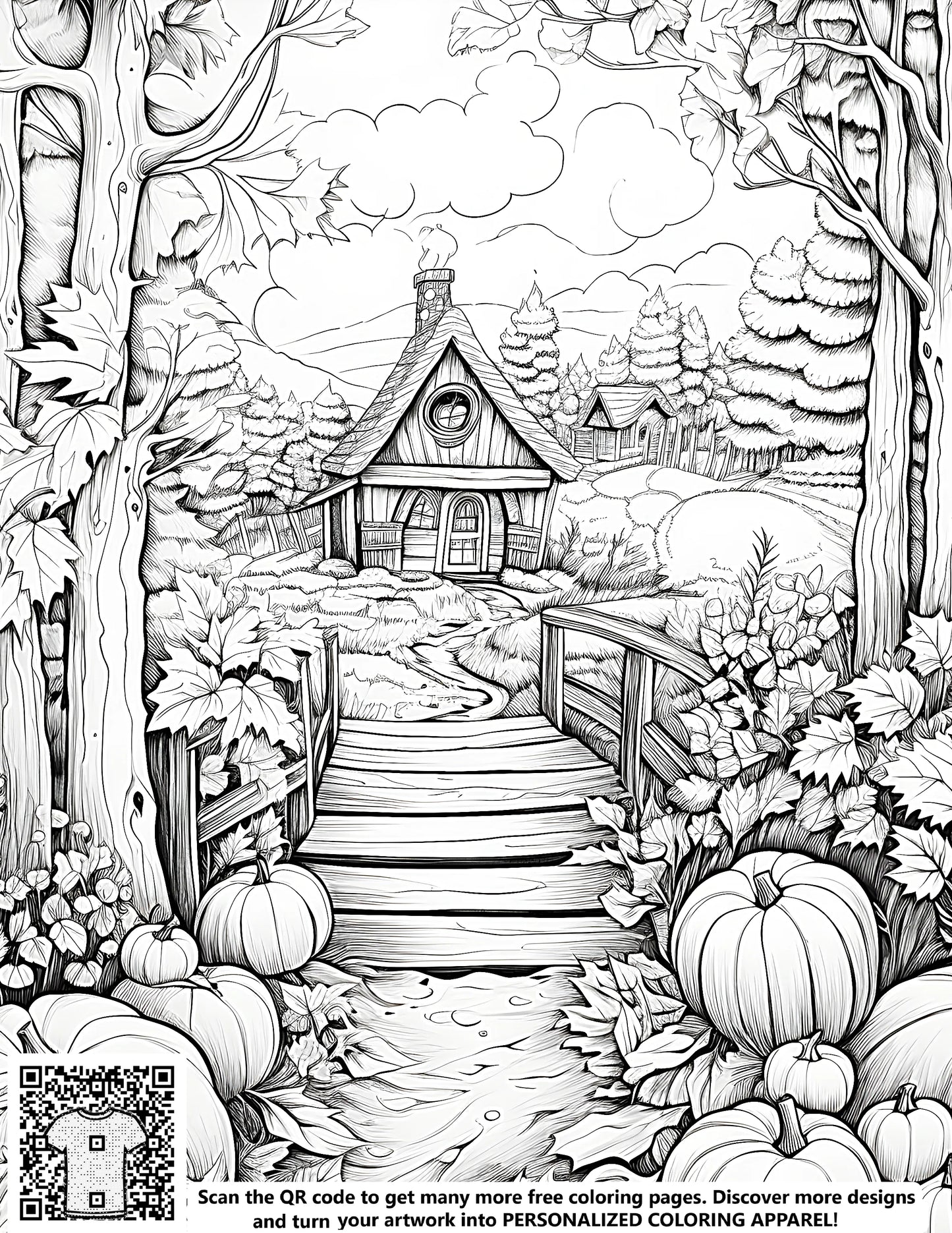 Colouring book page illustration of a quaint village house, farmhouse landscape, rural home scene with a bridge and pumpkins in a serene forest setting. Free printable coloring page art.
