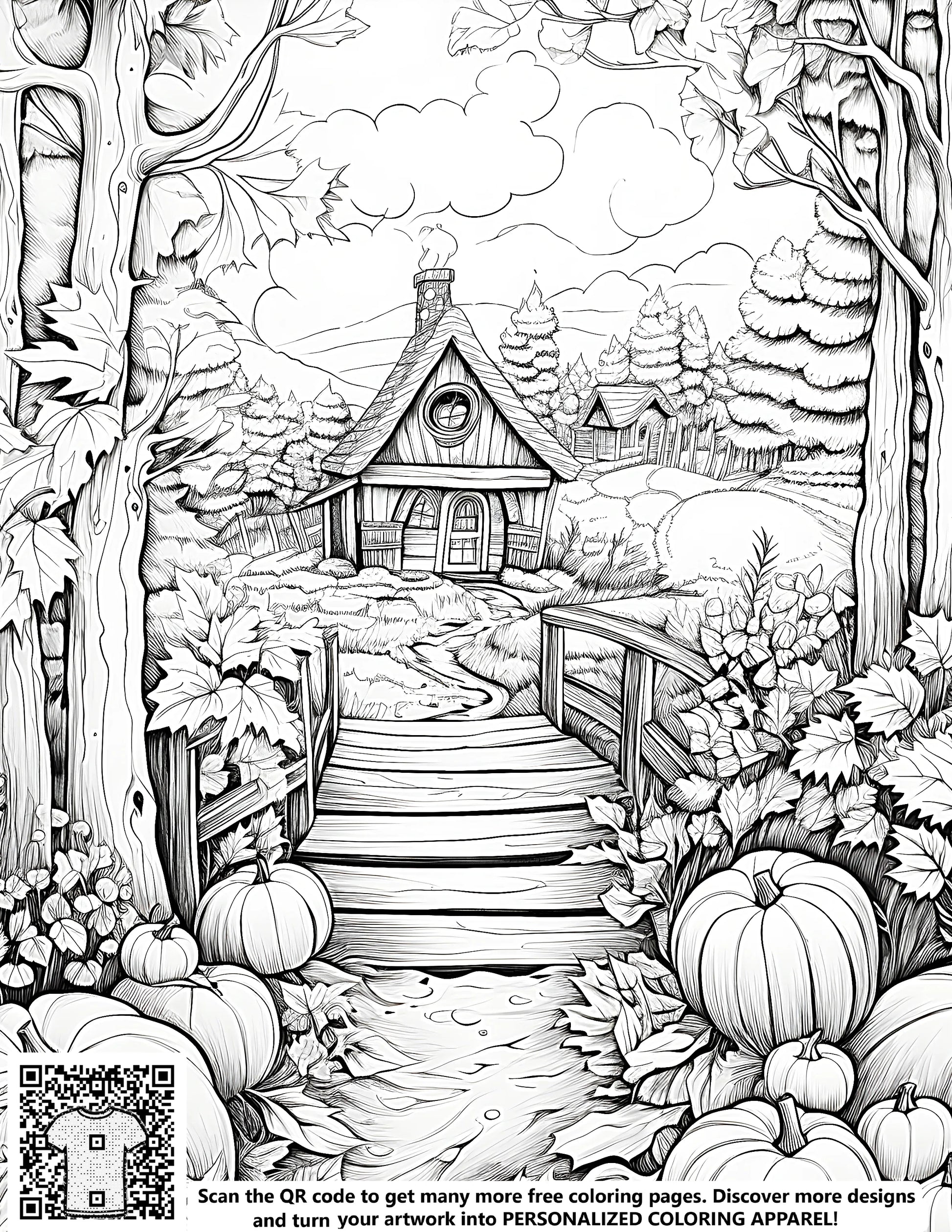 Colouring book page illustration of a quaint village house, farmhouse landscape, rural home scene with a bridge and pumpkins in a serene forest setting. Free printable coloring page art.