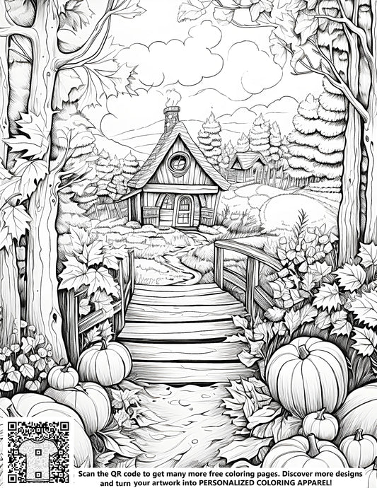 FREE Coloring Page - Charming Countryside House with Bridge and Pumpkins in Forest Setting Download NOW