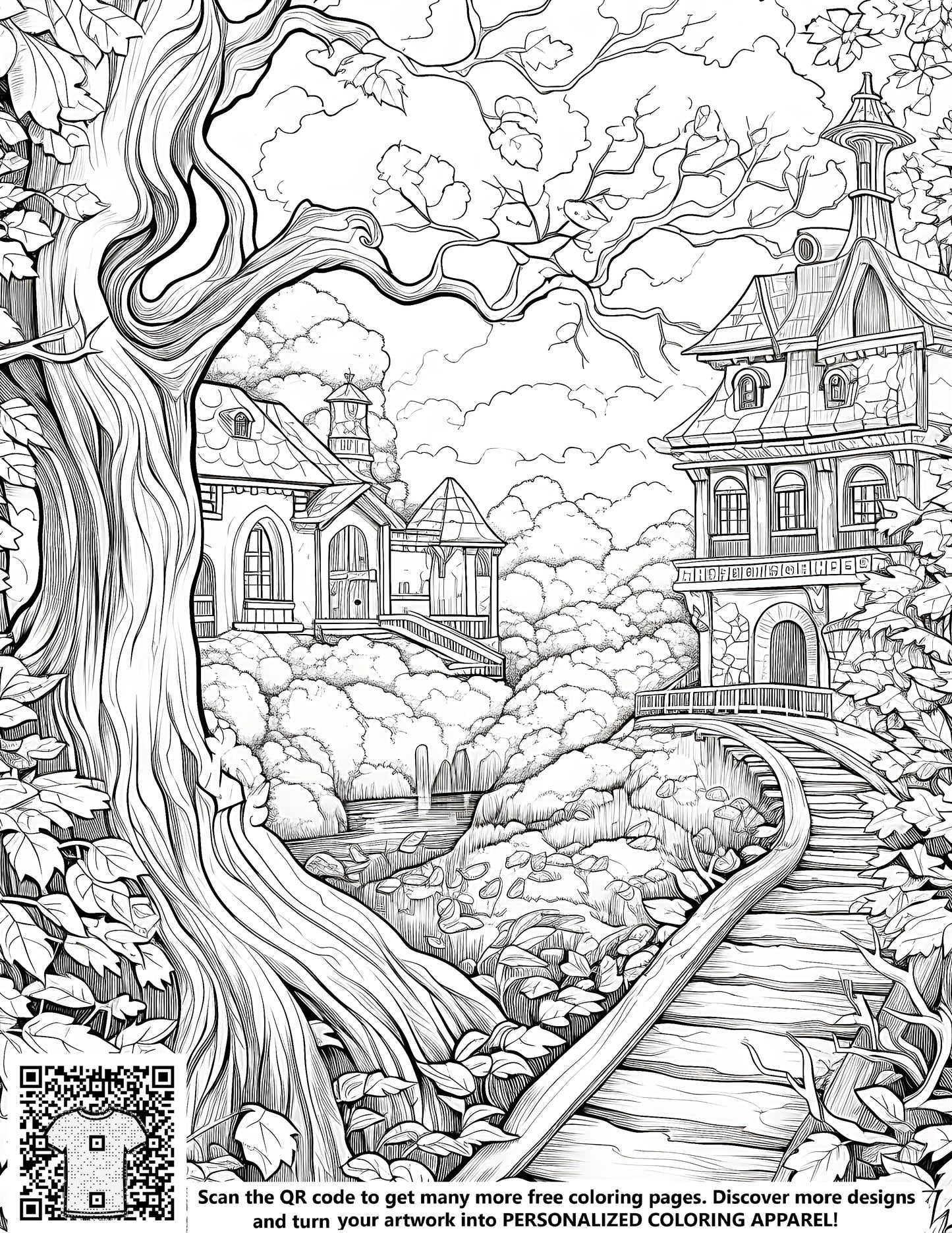 FREE Fairy Tale Village Coloring Page - Detailed Black-and-White Illustration Download