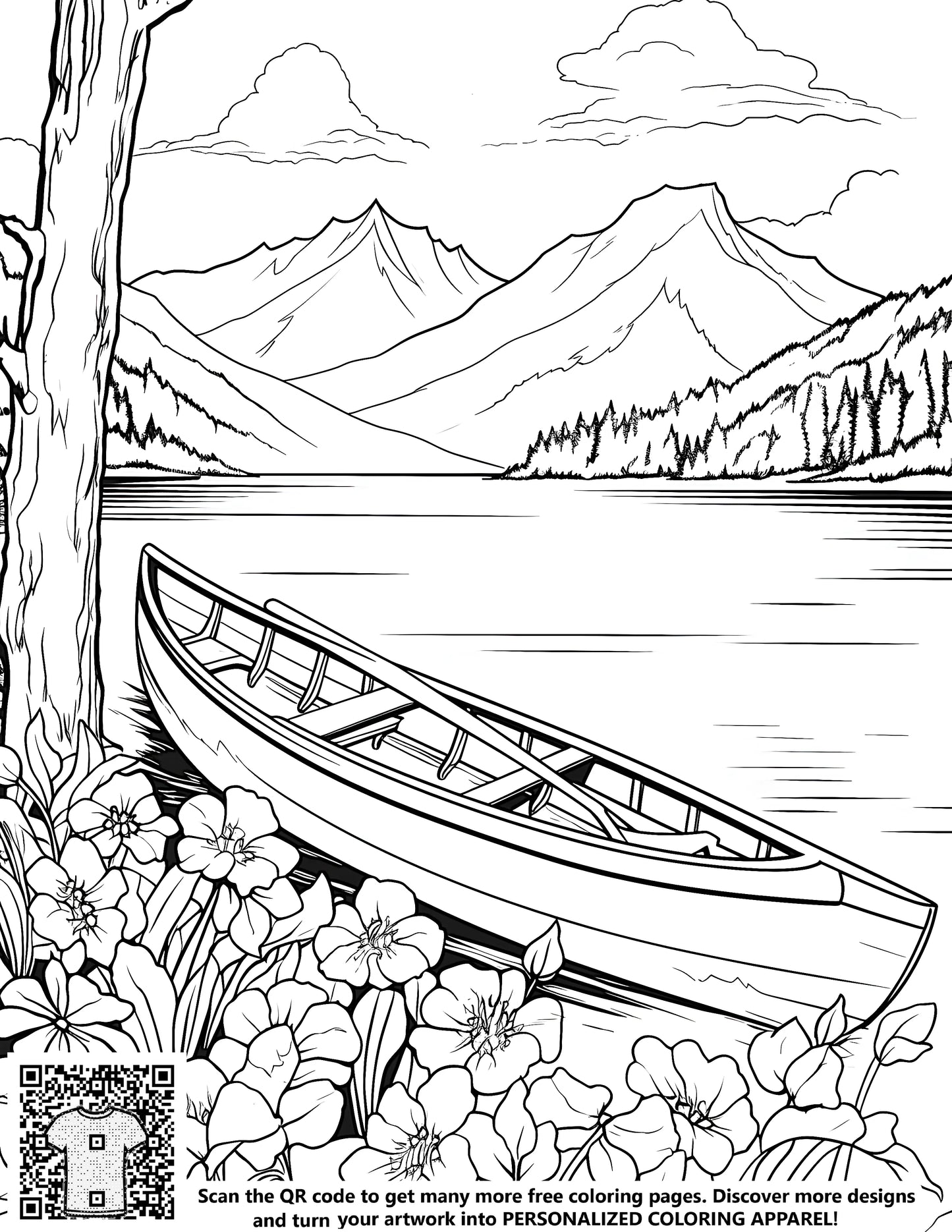 FREE Canoe Mountain Lake Coloring Page - Printable Download