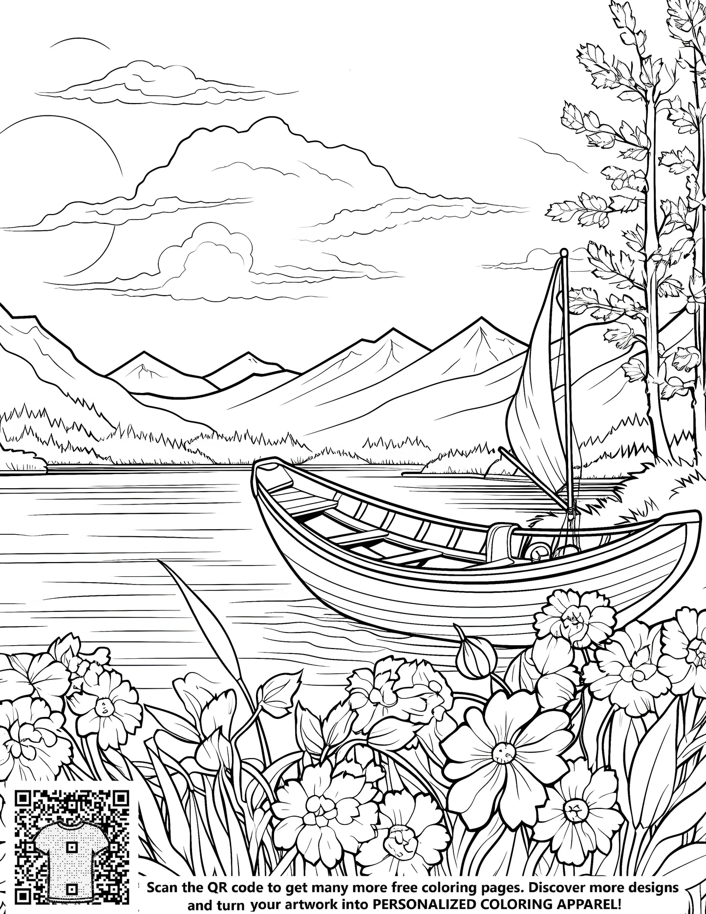 Serene lake landscape with sailboat and flowers