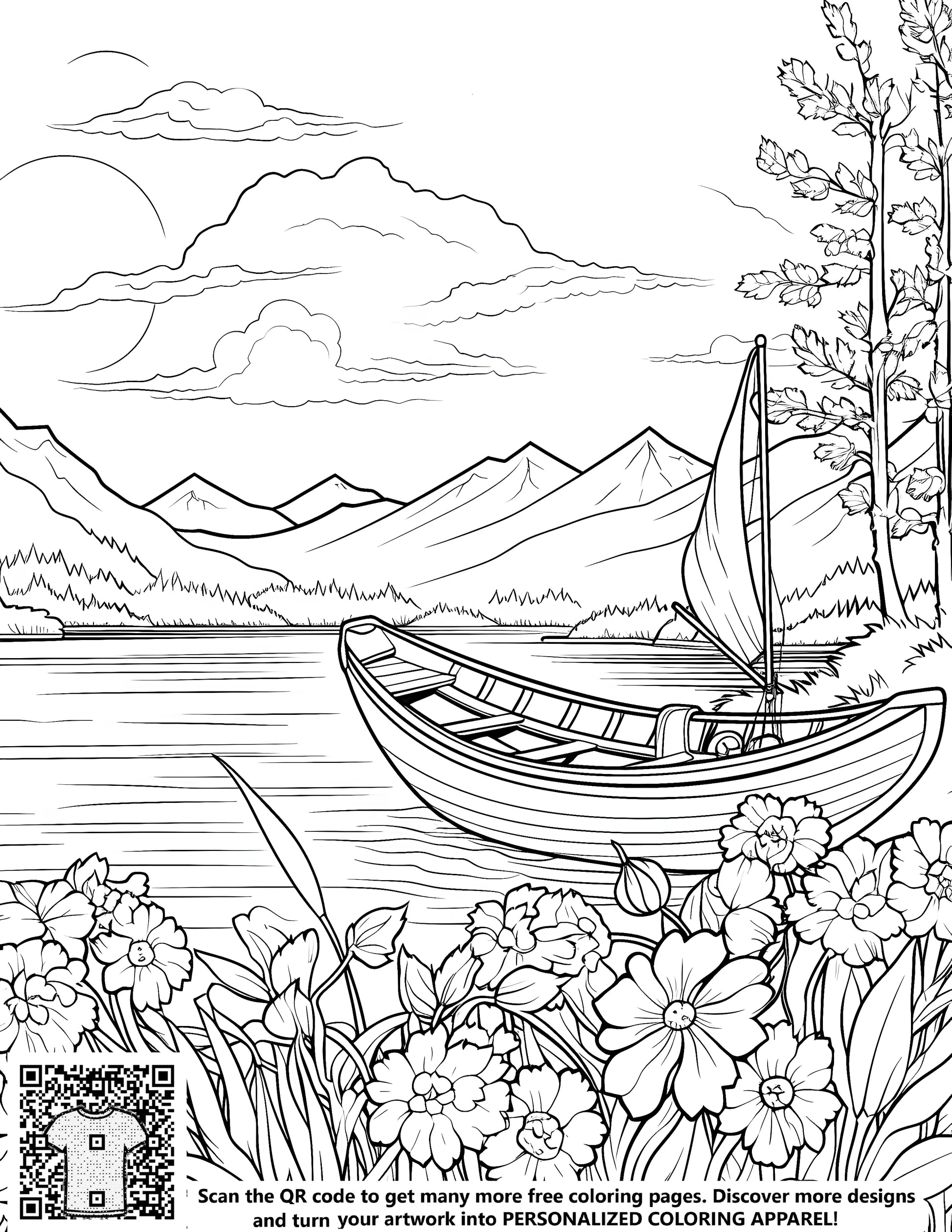 Serene lake landscape with sailboat and flowers