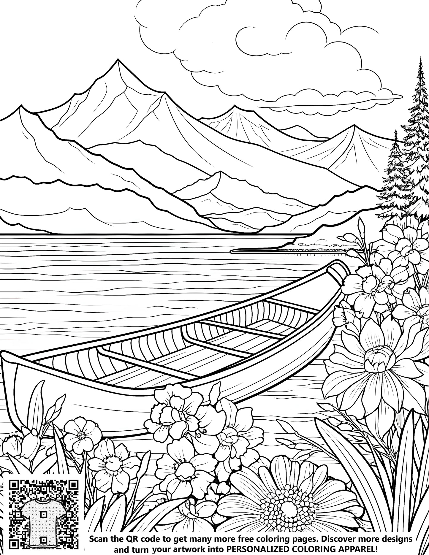 FREE Mountain Lake Coloring Page with Boat and Flowers - Download NOW