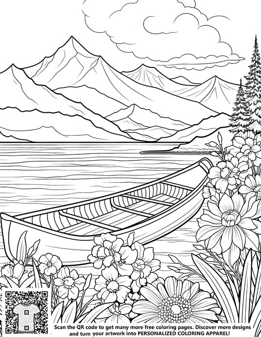 FREE Mountain Lake Coloring Page with Boat and Flowers - Download NOW