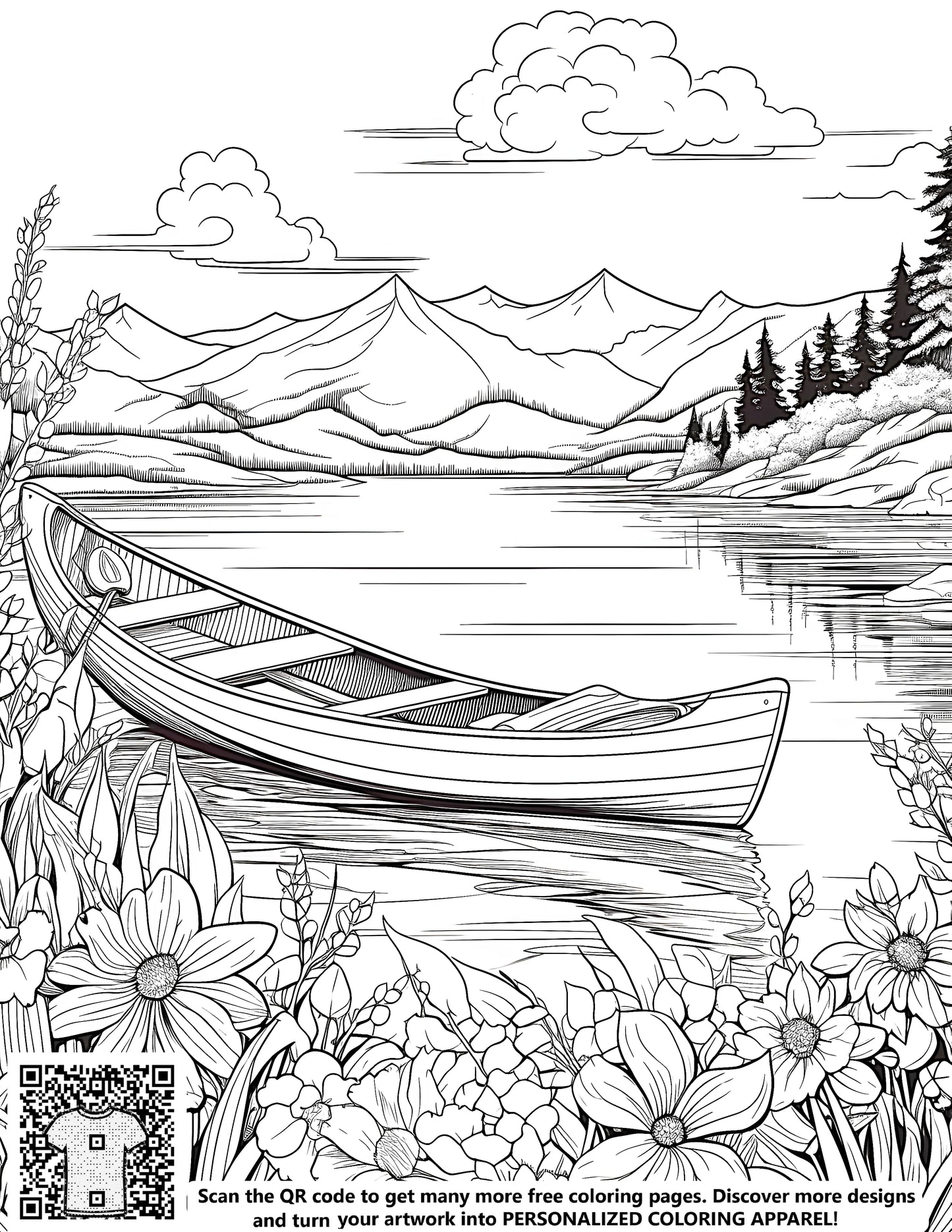 Serene mountain lake scene with wooden boat, flowers, pine trees, and clouds - free coloring page