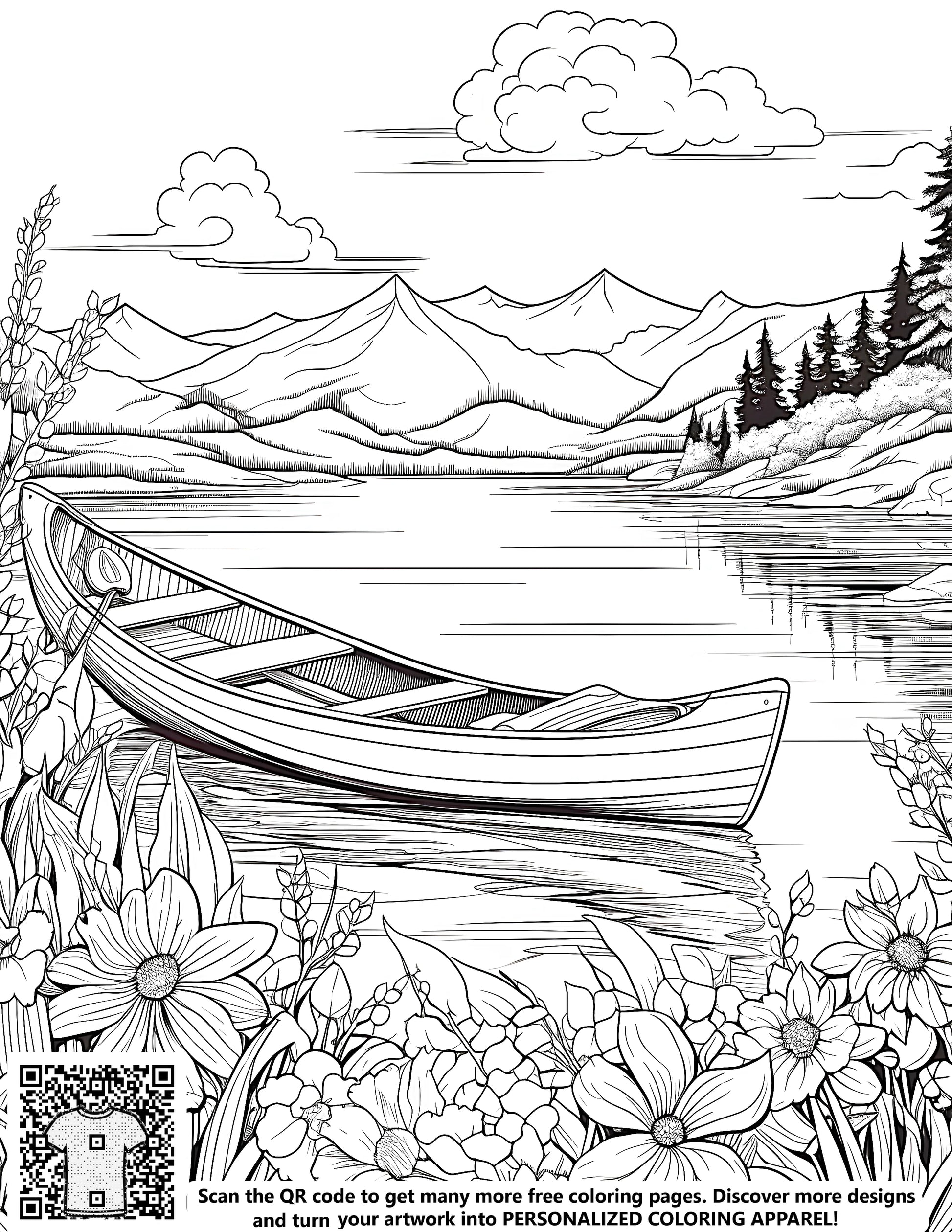 Serene mountain lake scene with wooden boat, flowers, pine trees, and clouds - free coloring page