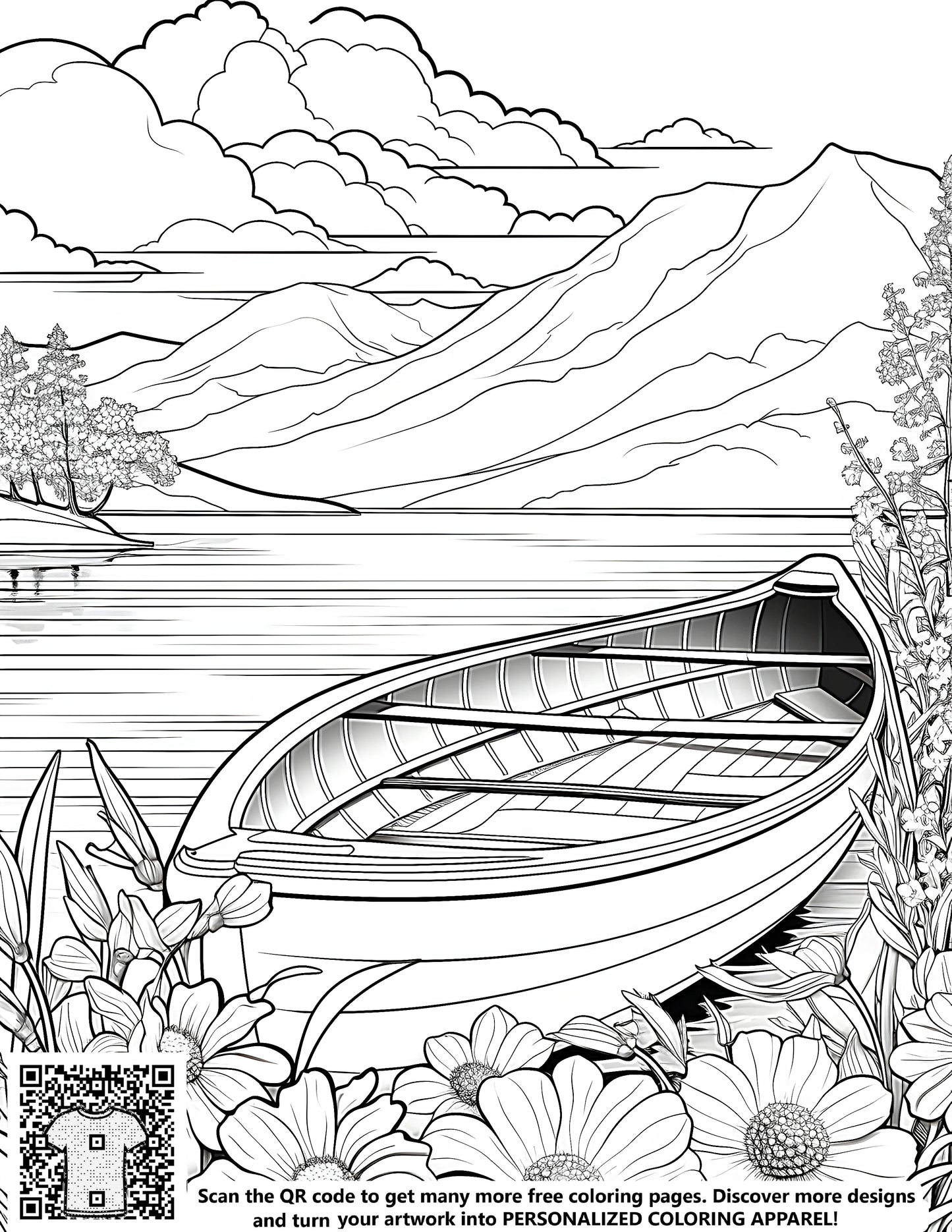 FREE Boat by Flowers Coloring Page - Printable Lakeside Scene with Mountains