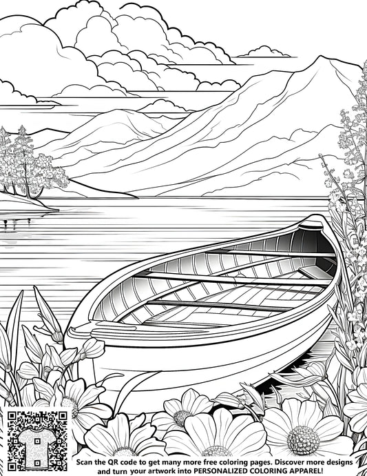 FREE Boat by Flowers Coloring Page - Printable Lakeside Scene with Mountains