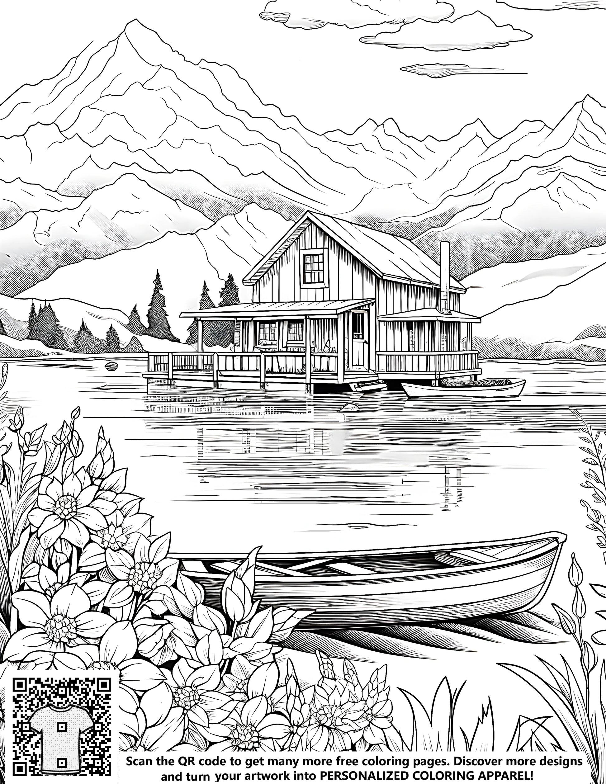 Lake cabin scene coloring page with mountains, flowers, and boats - a serene free drawing for kids