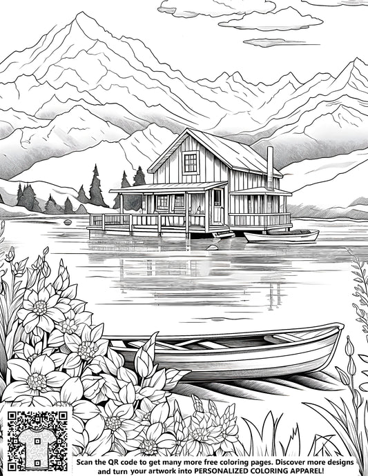 FREE Cabin on Lake Coloring Page - Printable Serene Mountain Scene Download