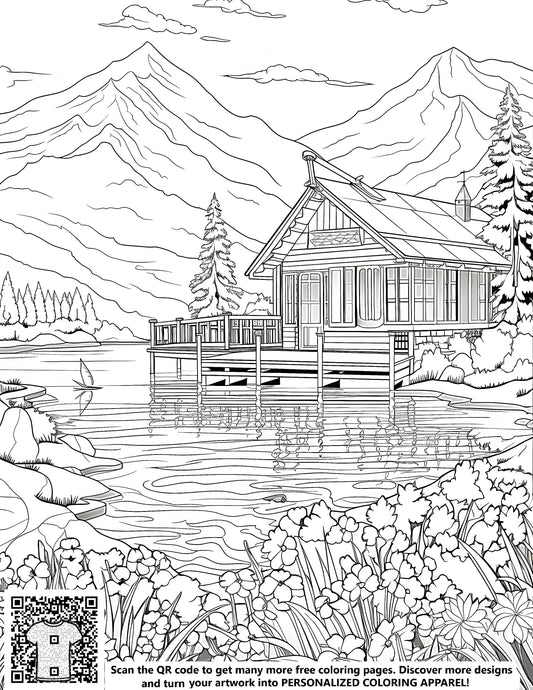 FREE Mountain Cabin by the Lake Coloring Page Download