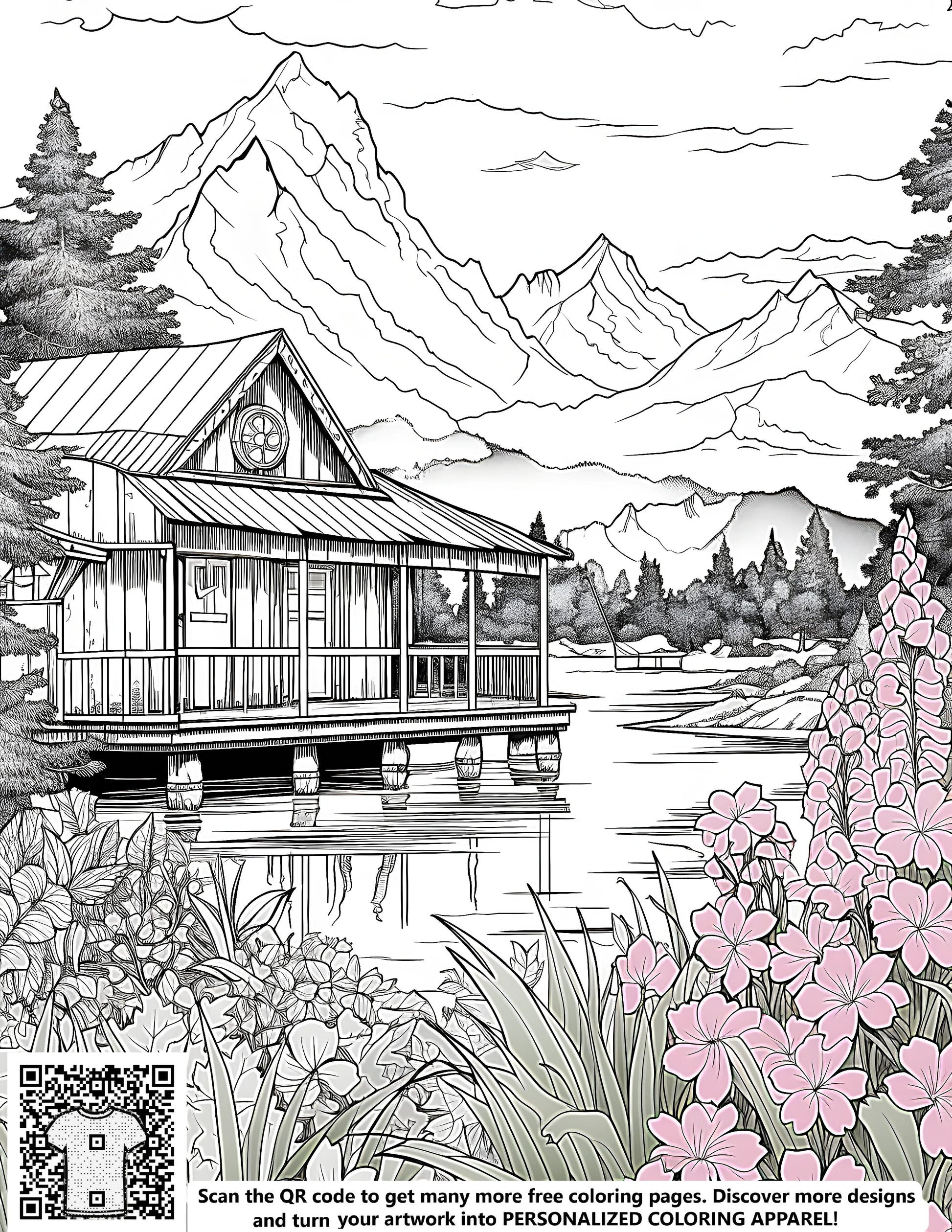 Free coloring page of a scenic mountain cabin landscape with lake, flowers, and mountains