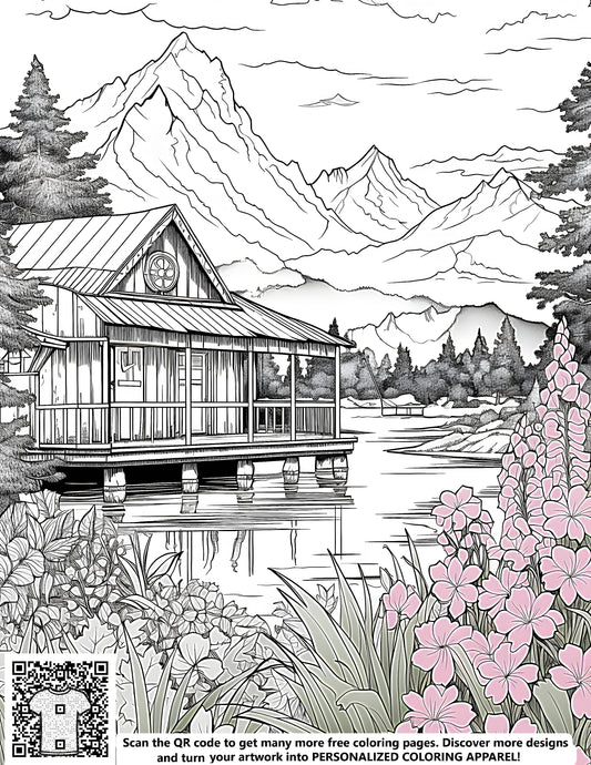 FREE Coloring Page - Grayscale Landscape with Wooden Cabin by Lake - Printable Download