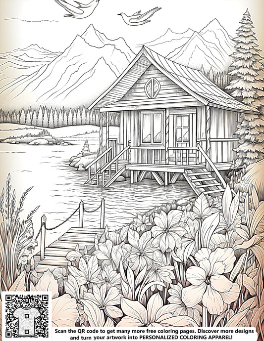 FREE Cozy Cabin by the Lake Coloring Page - Printable Download