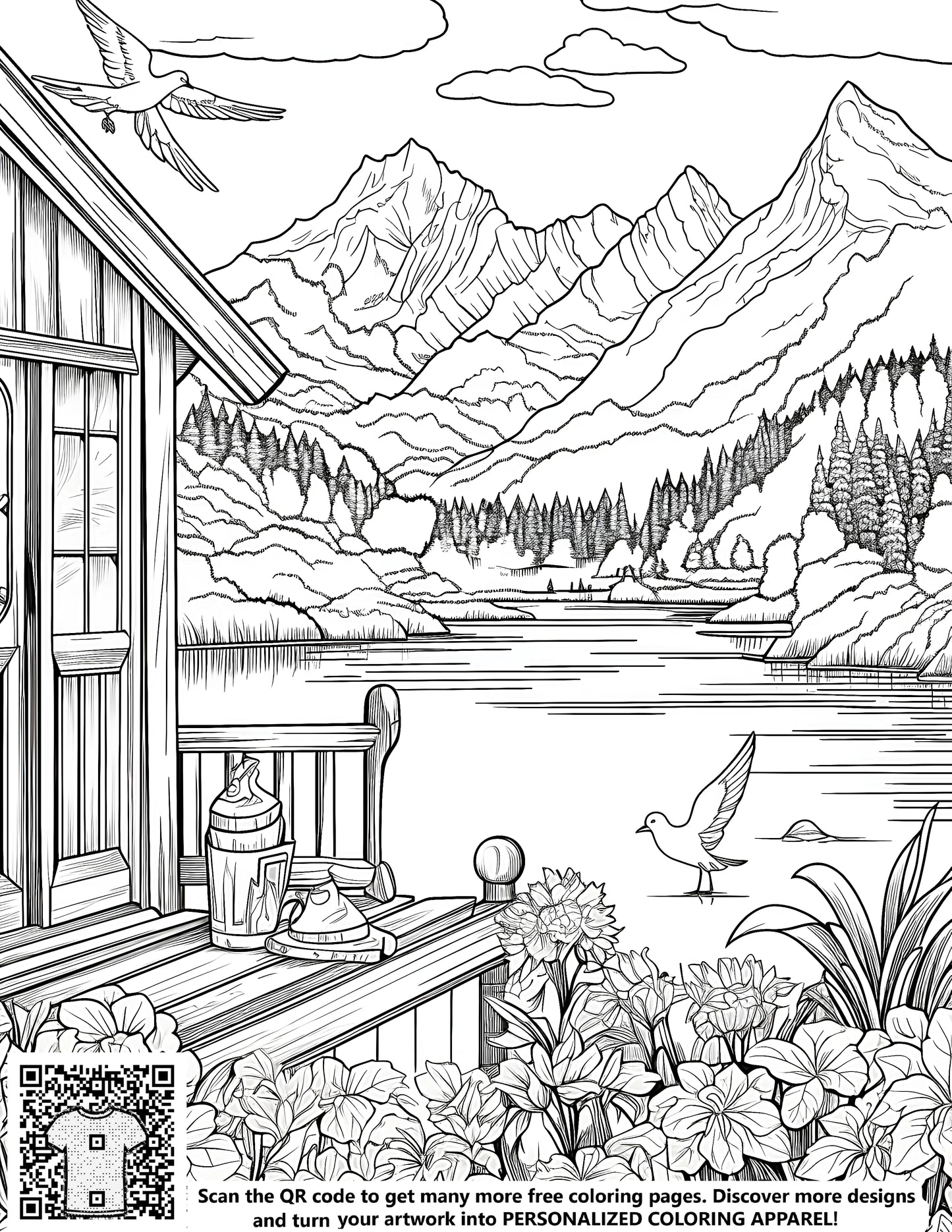 FREE Nature Scene Coloring Page - Peaceful Mountains, Cabin, Lake, Flowers & Birds - Download NOW