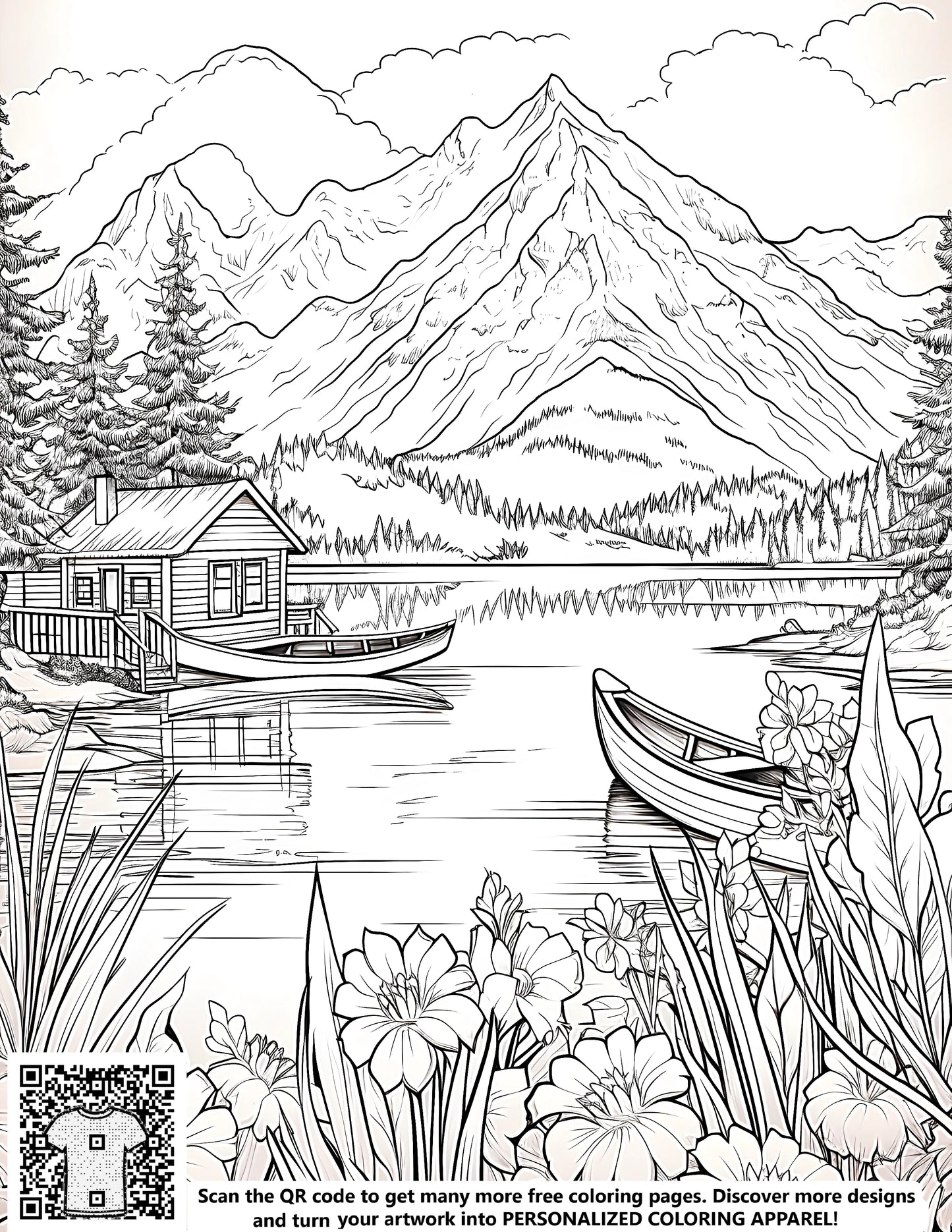 Serene lake landscape coloring page with boats, cabin, flowers, trees, and mountains