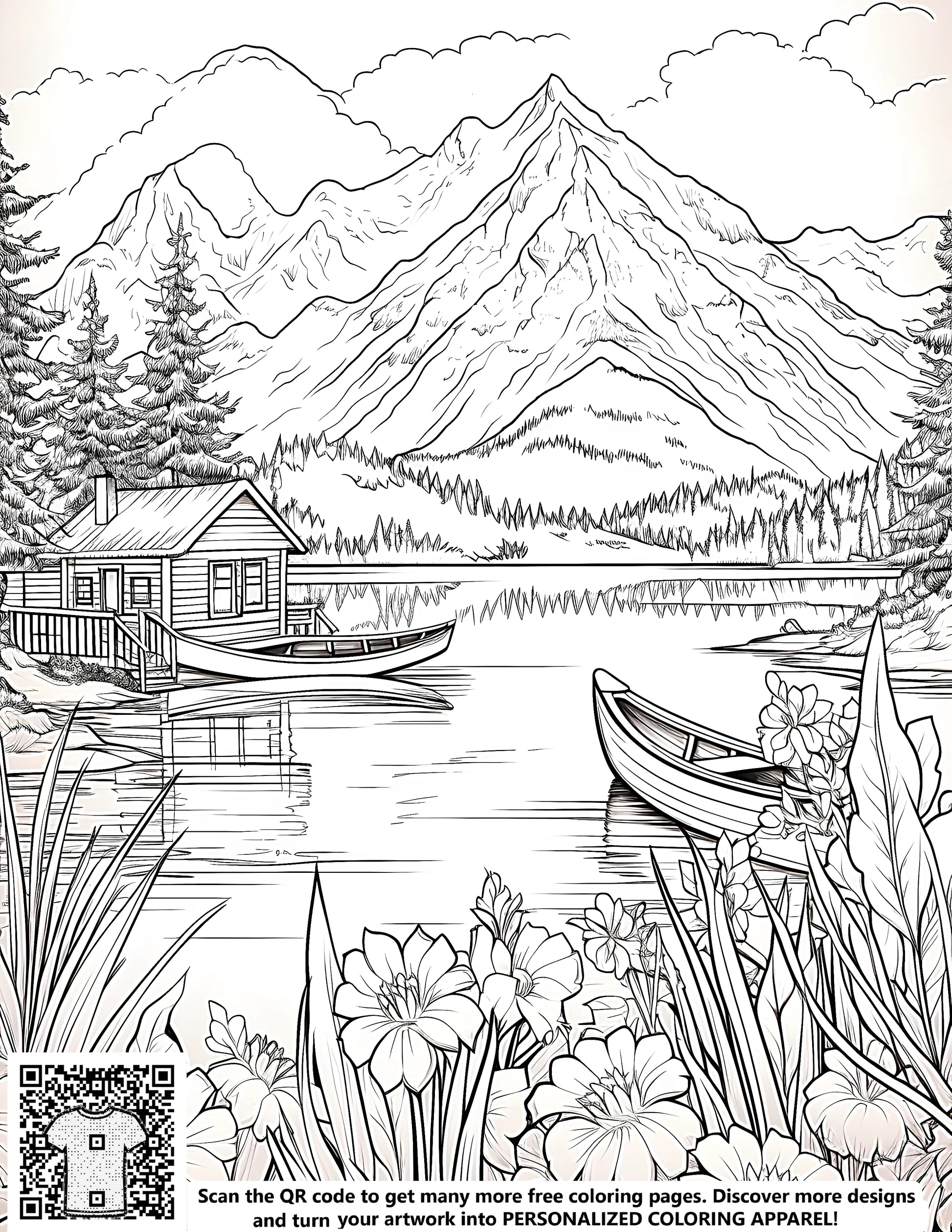 Serene lake landscape coloring page with boats, cabin, flowers, trees, and mountains