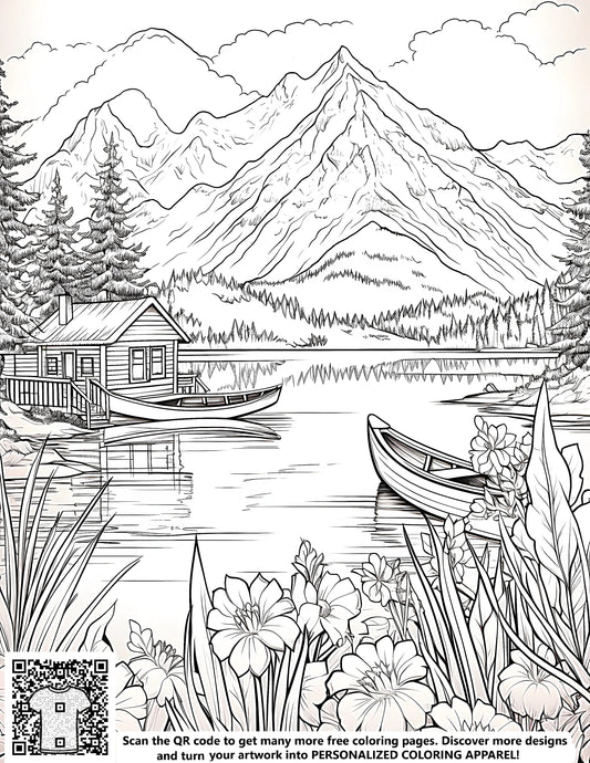 Serene lake landscape coloring page with boats, cabin, flowers, trees, and mountains