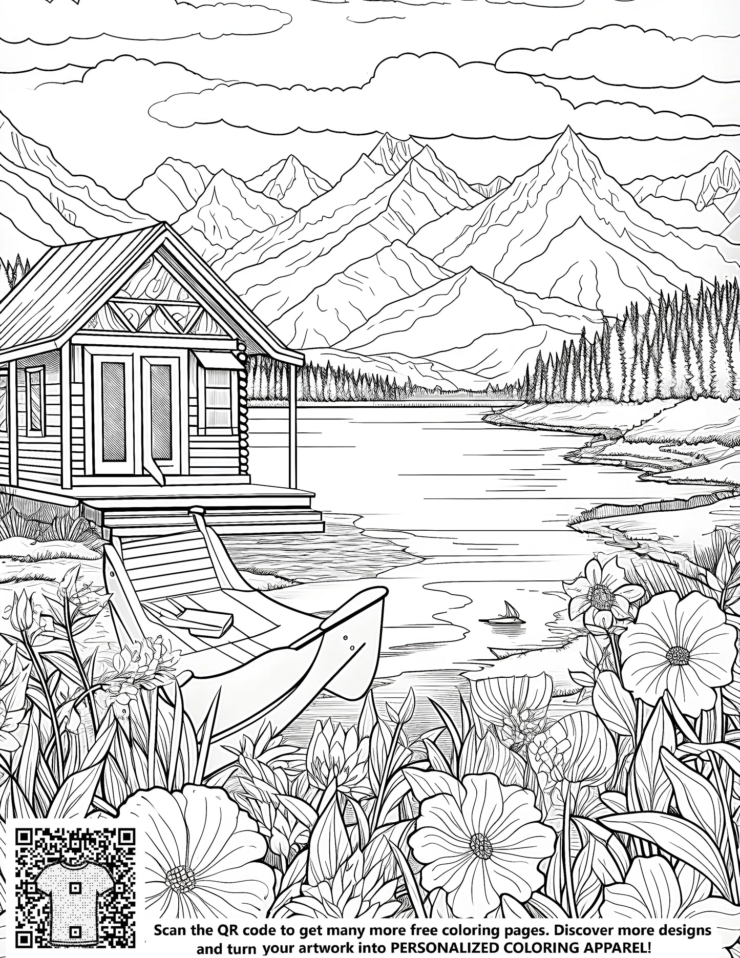 Mountain retreat coloring page, free coloring pages, cabin on lake coloring book, lake scene painting, nature escape illustration