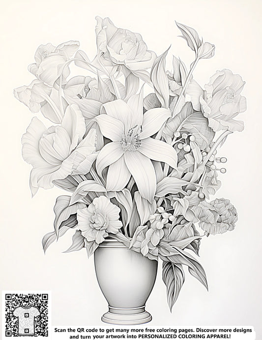 FREE Flower Vase Coloring Page - Detailed Black and White Illustration Download