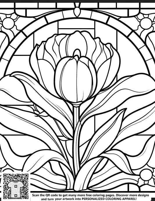 Free stained glass coloring page with tulip design, surrounded by geometric patterns and ideal for adult coloring enthusiasts