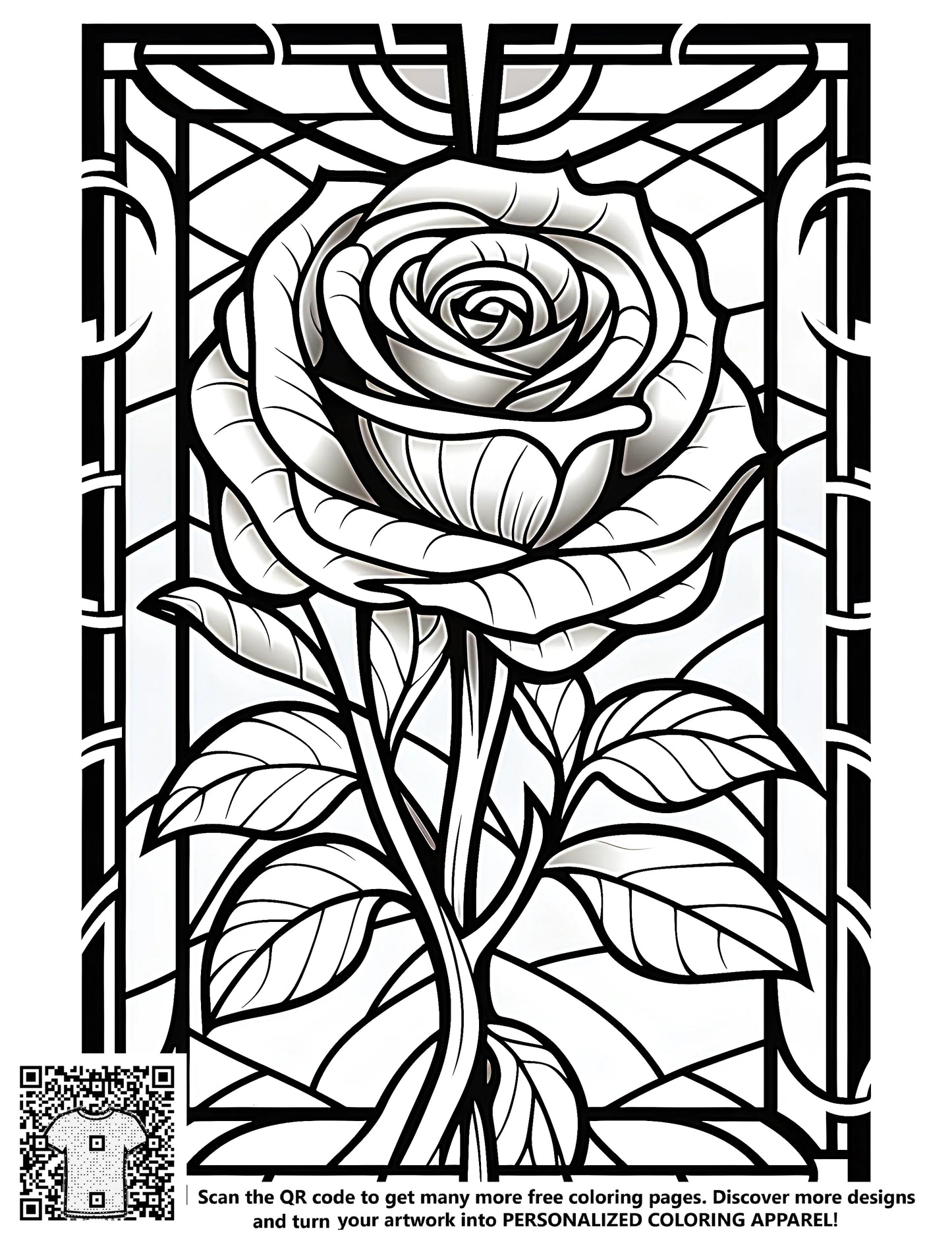 Colouring page of a detailed stained glass style rose with geometric background patterns