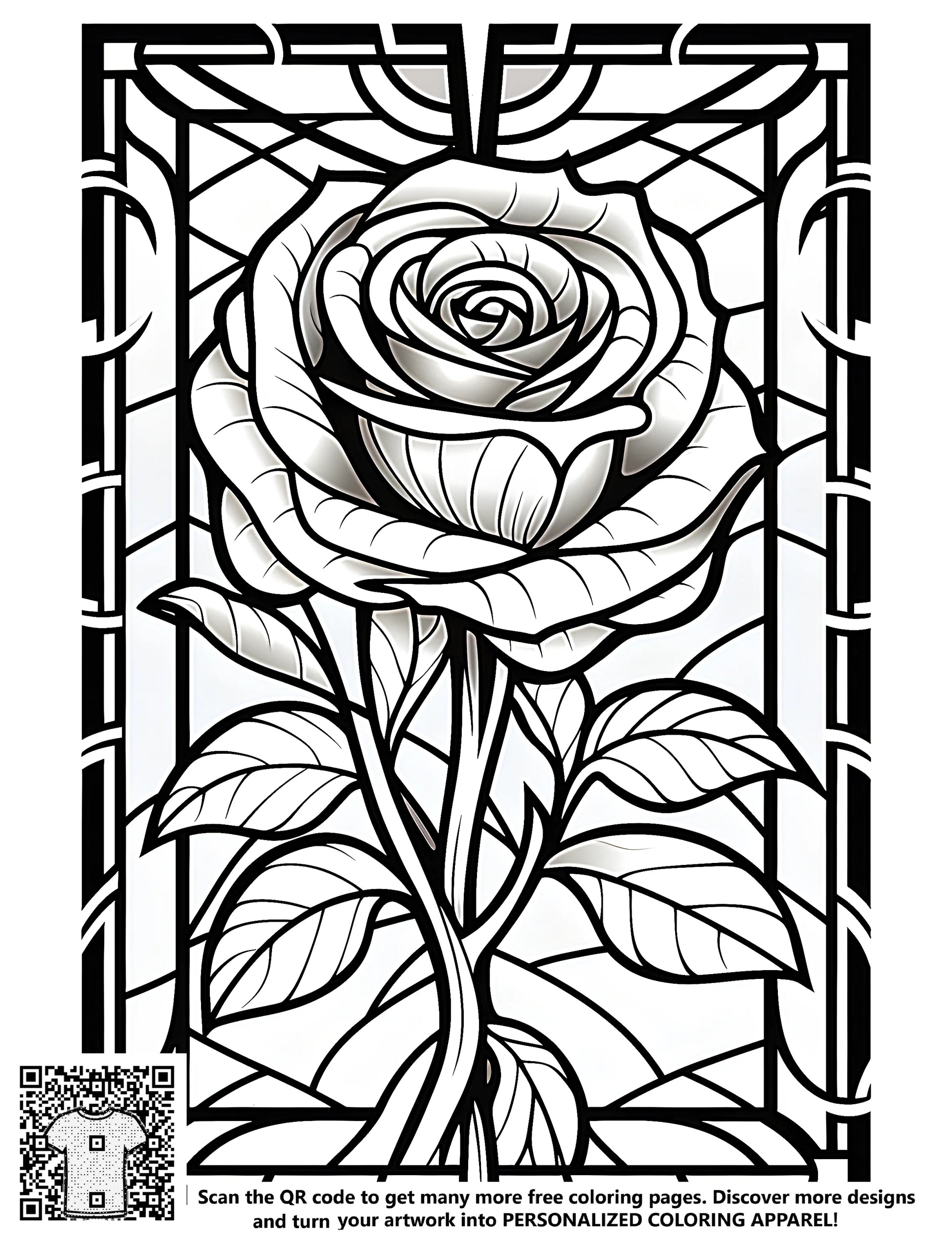 Colouring page of a detailed stained glass style rose with geometric background patterns