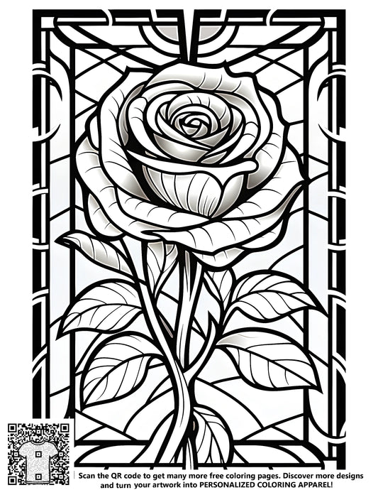 Colouring page of a detailed stained glass style rose with geometric background patterns