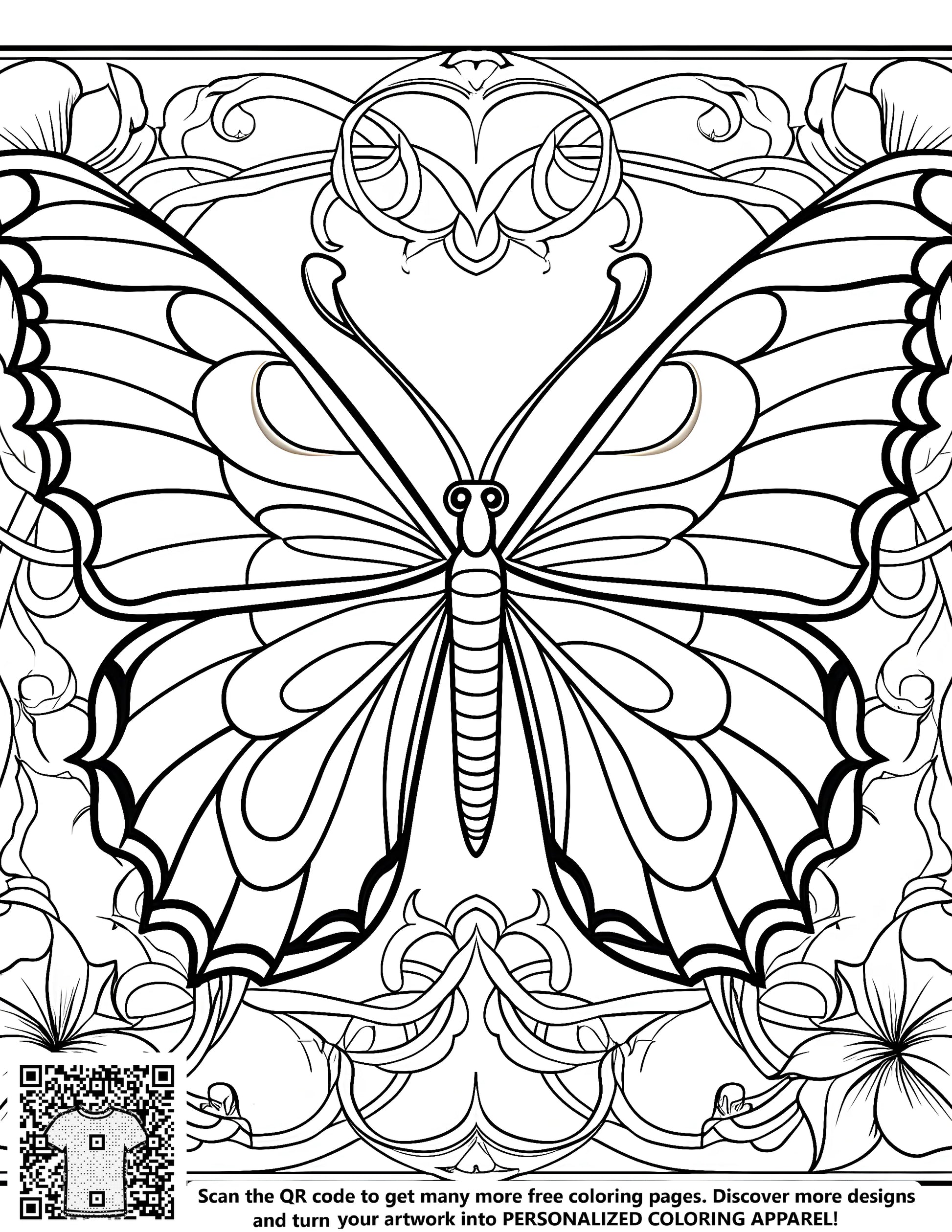 A detailed coloring page featuring a beautiful butterfly surrounded by flowers, perfect for adult coloring books and art enthusiasts