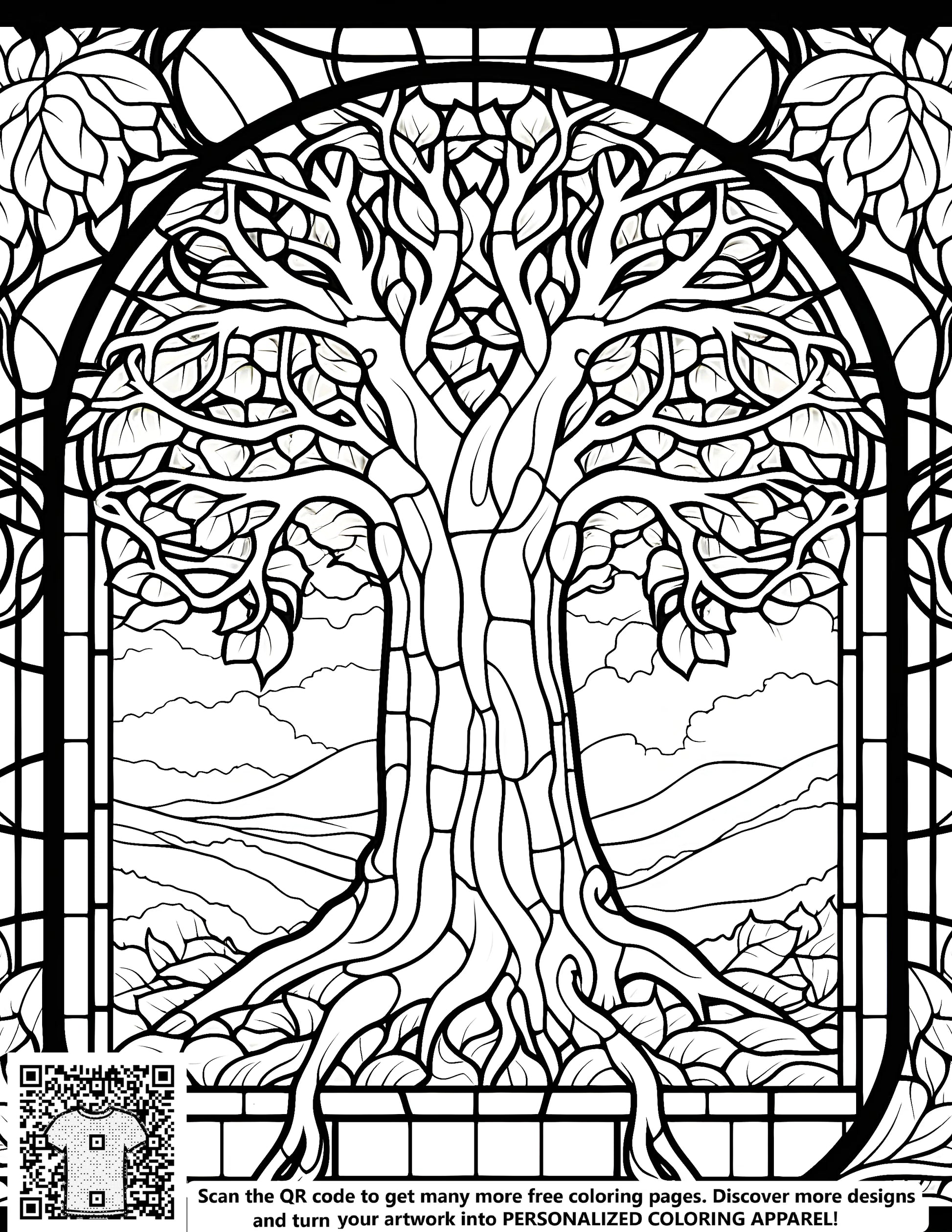 Intricate stained glass design featuring a large tree surrounded by leaves and branches, set against a natural landscape.