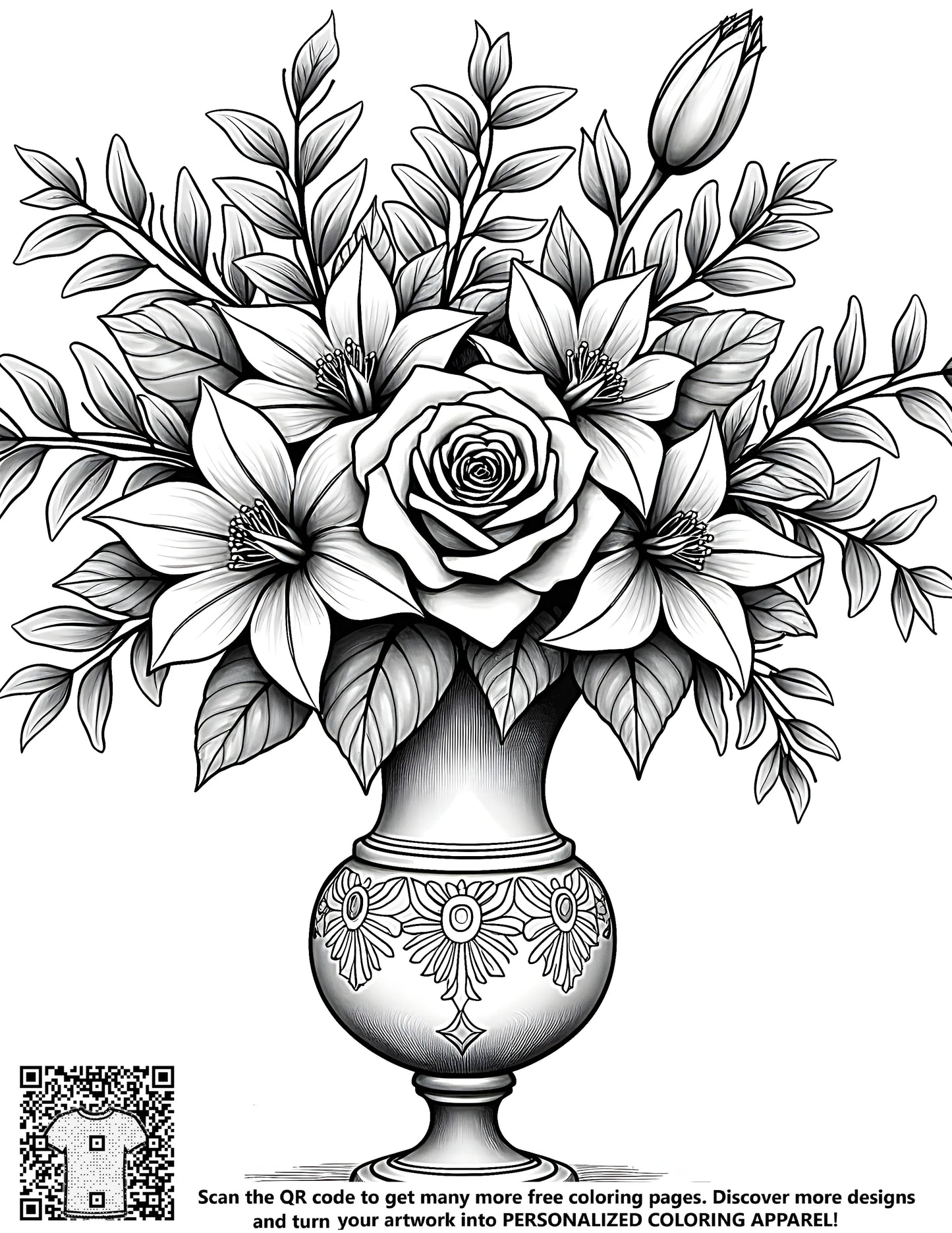 Free coloring page of beautiful flowers in a decorative vase illustration, perfect for relaxation and creativity.