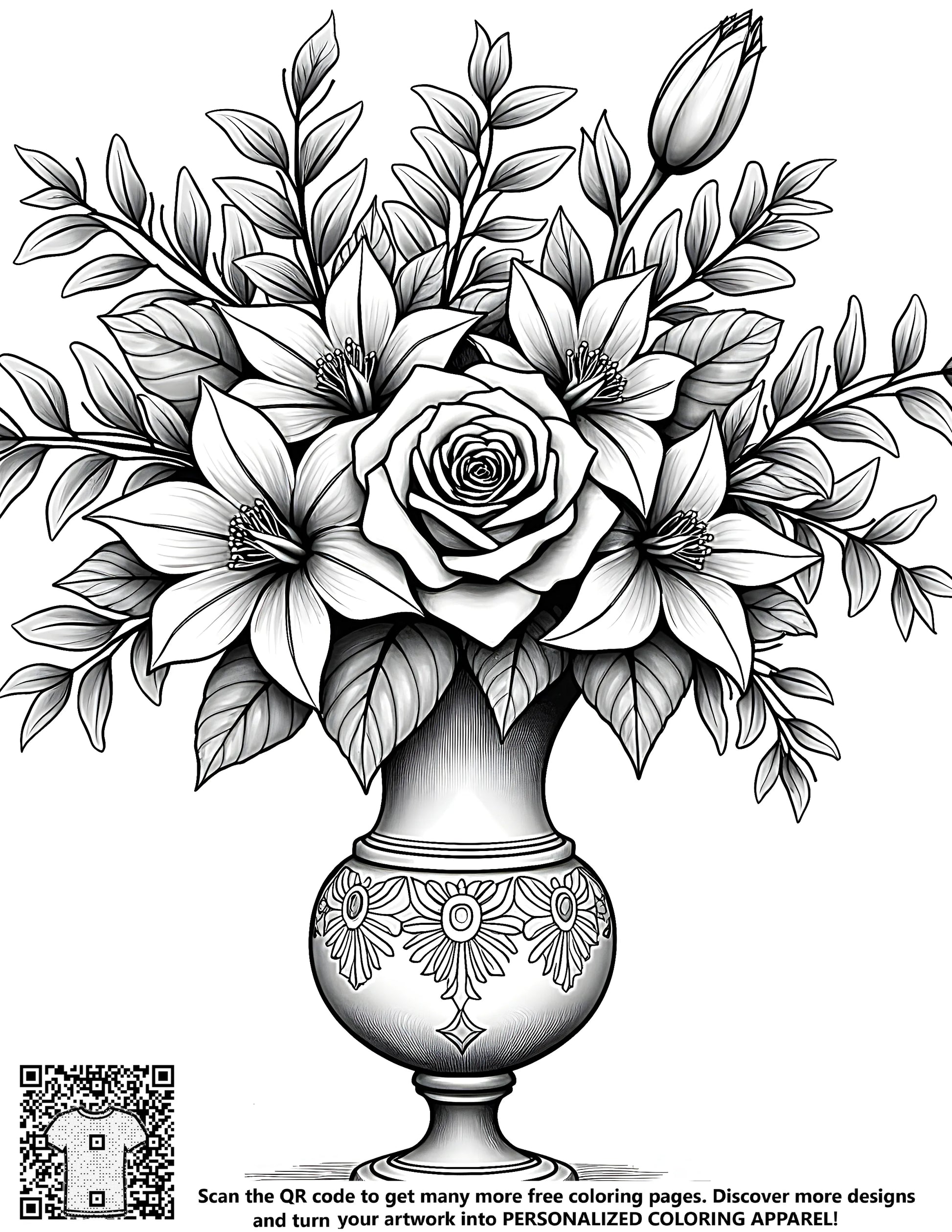 Free coloring page of beautiful flowers in a decorative vase illustration, perfect for relaxation and creativity.