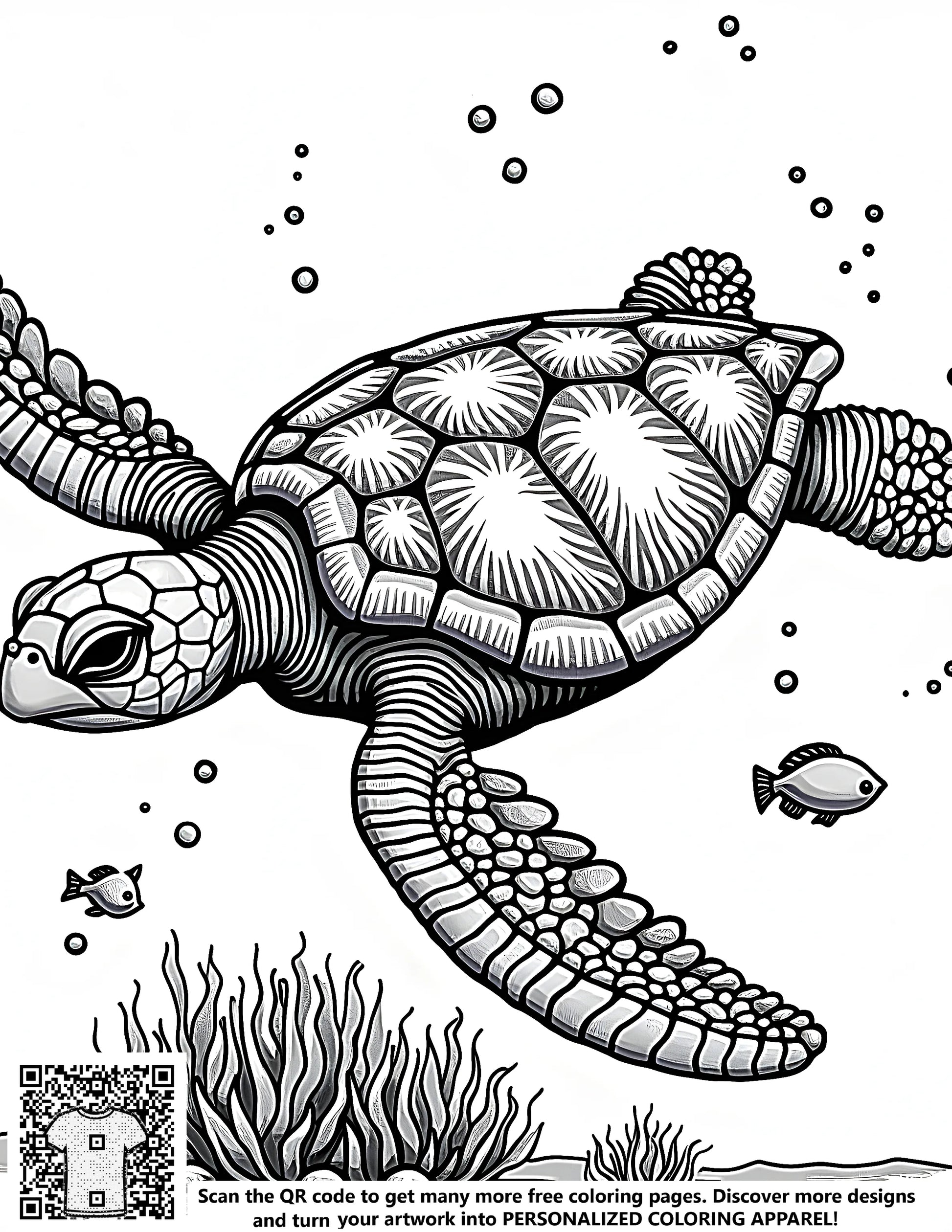 Detailed illustration of a sea turtle swimming underwater with small fish and seaweed. Includes free coloring page and fabric markers.