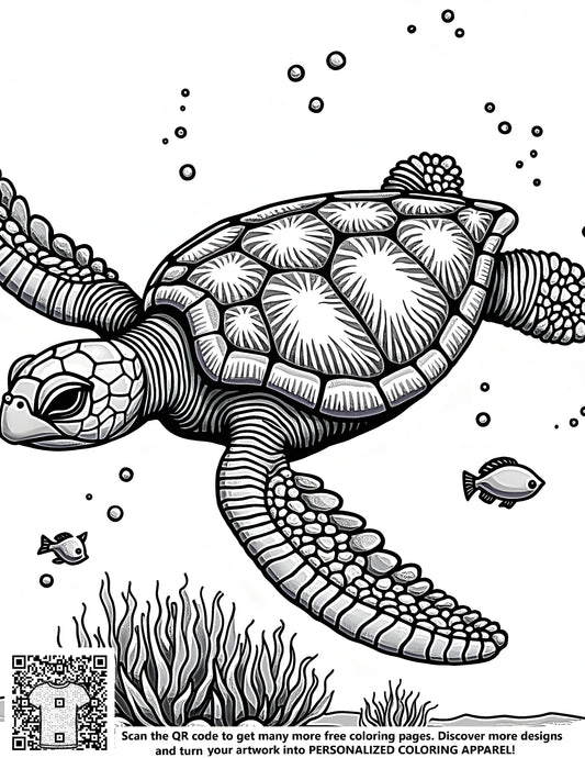 Detailed illustration of a sea turtle swimming underwater with small fish and seaweed. Includes free coloring page and fabric markers.