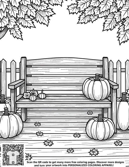 A serene garden scene featuring a wooden bench, surrounded by pumpkins, fall leaves, and autumn trees - free coloring page design with fabric markers