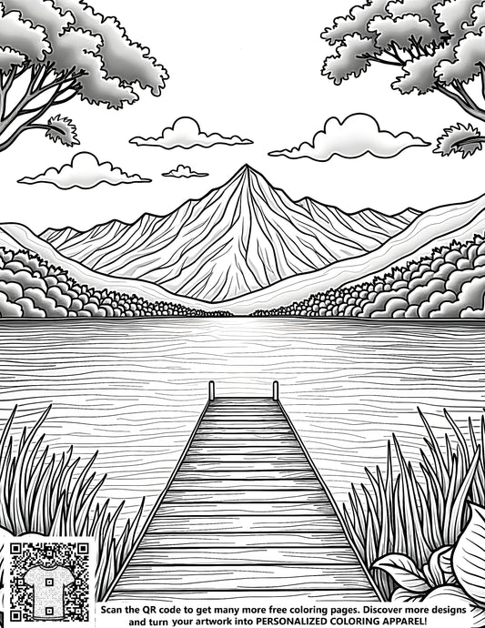 Serene lakeside scene with wooden dock, surrounded by trees and mountains