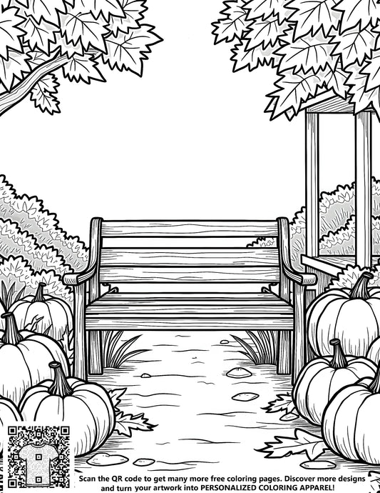 A serene garden scene with a wooden seat, pumpkins, gourds, foliage, fall decor, and autumnal landscape - Free Coloring Page illustration