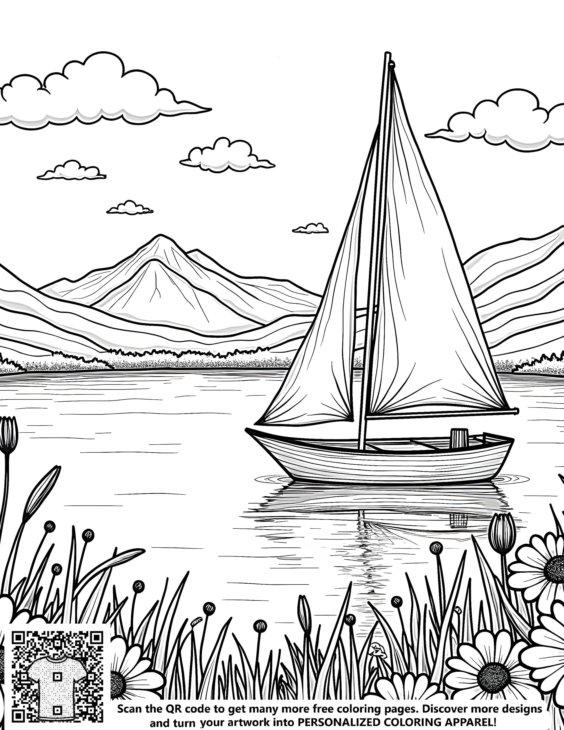 A free coloring page featuring a sailboat, yacht, or boat design on a serene lake surrounded by mountains and flowers