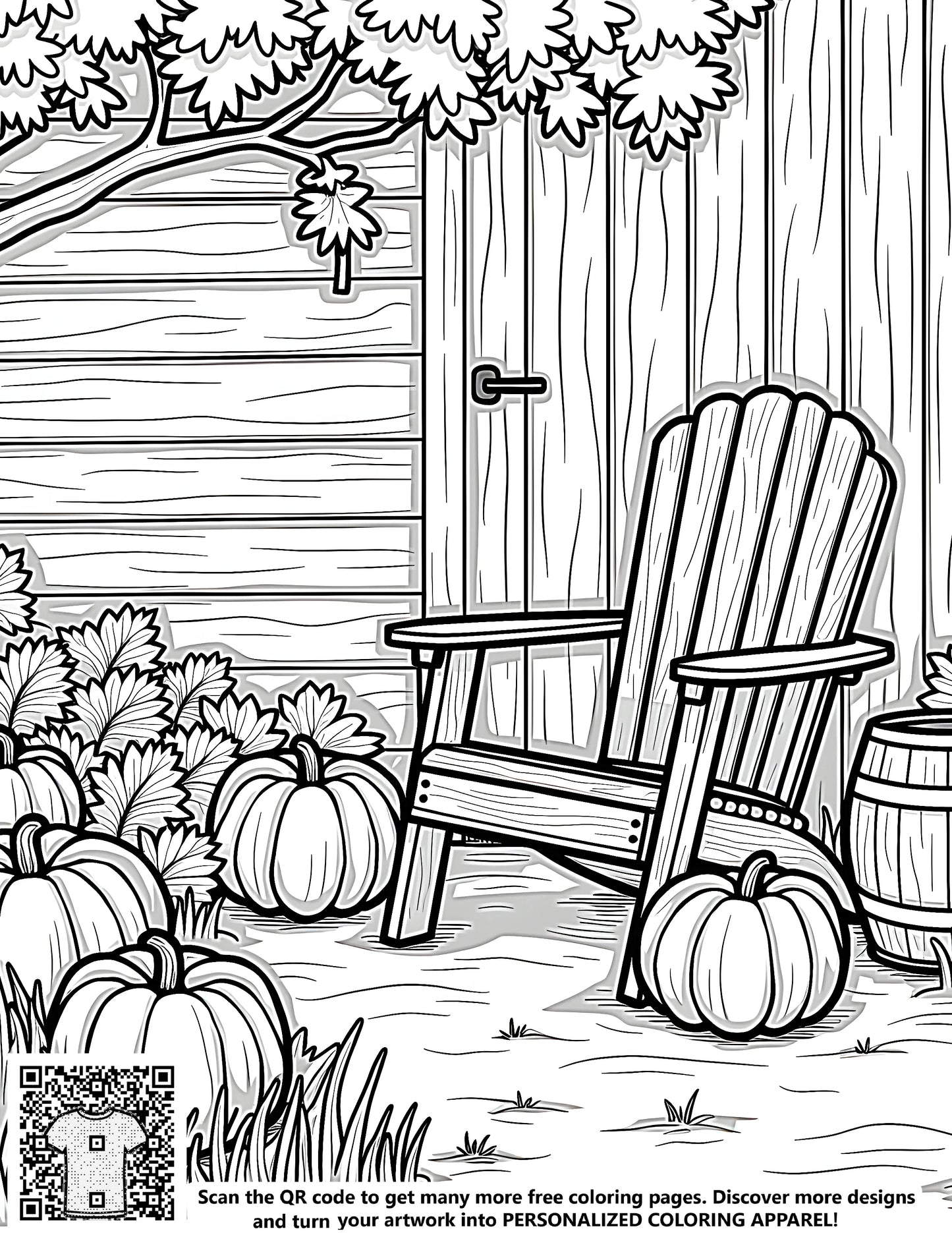 Free coloring page kit with fabric markers, serene garden scene, pumpkins, autumnal design