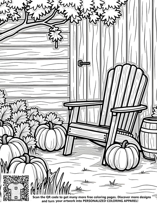 Free coloring page kit with fabric markers, serene garden scene, pumpkins, autumnal design