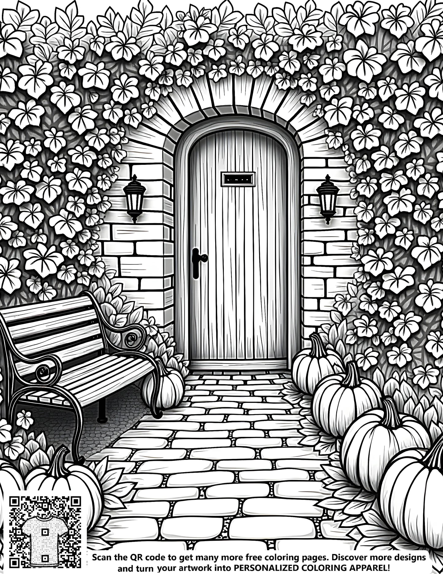 Free Coloring Pages of a serene pumpkin patch garden scene with a wooden door, bench, and vibrant fall flowers for adults and kids to color, featuring black and white illustrations for creative expression.