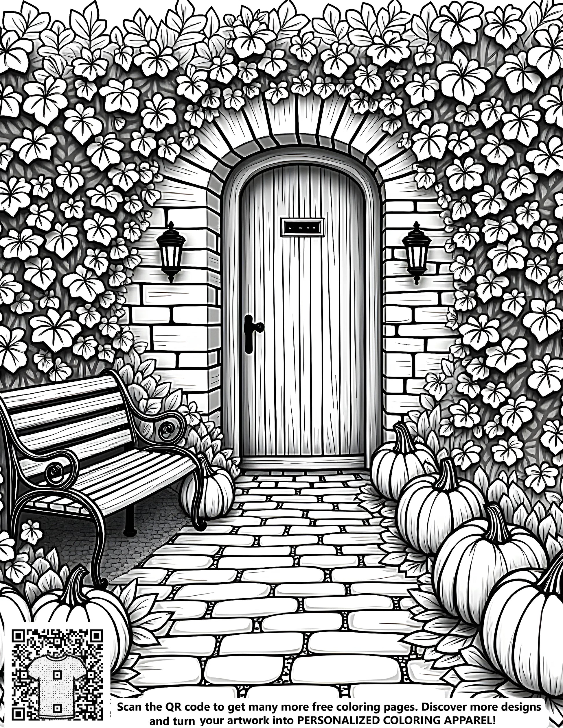 Free Coloring Pages of a serene pumpkin patch garden scene with a wooden door, bench, and vibrant fall flowers for adults and kids to color, featuring black and white illustrations for creative expression.