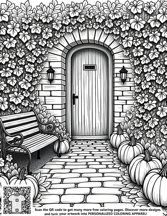 Free Coloring Pages of a serene pumpkin patch garden scene with a wooden door, bench, and vibrant fall flowers for adults and kids to color, featuring black and white illustrations for creative expression.